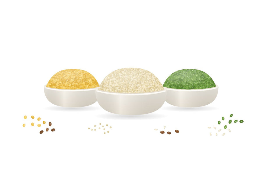 Illustration of three bowls side by side: yellow split dal, pale millet grains and whole green gram, with loose sesame seeds and horse gram