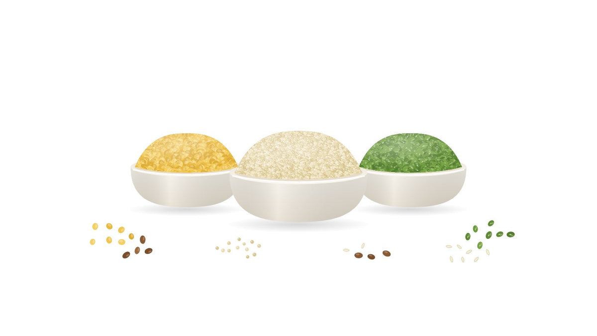 Illustration of three bowls side by side: yellow split dal, pale millet grains and whole green gram, with loose sesame seeds and horse gram
