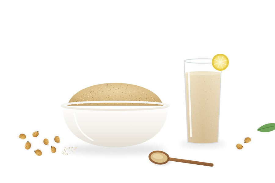 Illustration of a bowl of sattu (roasted gram flour) beside a glass of sattu sharbat with lemon, roasted chana and a wooden spoon