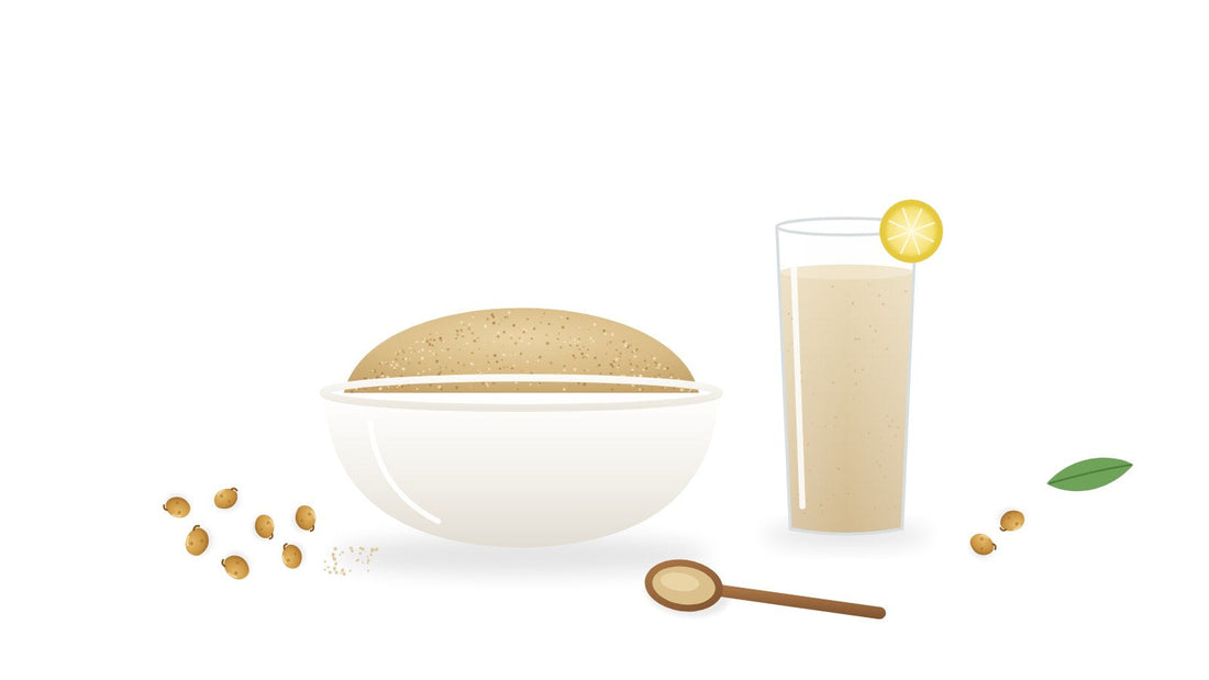Illustration of a bowl of sattu (roasted gram flour) beside a glass of sattu sharbat with lemon, roasted chana and a wooden spoon