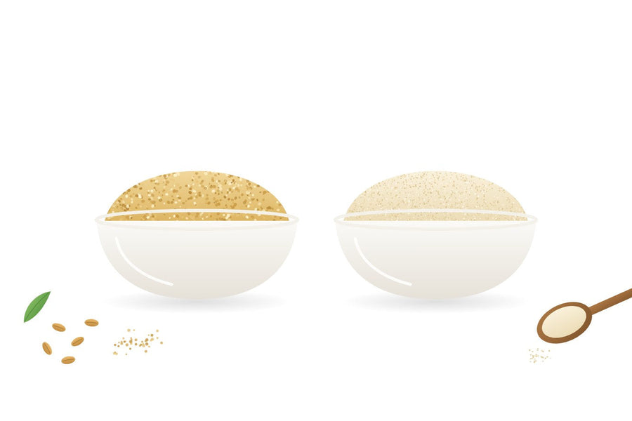 Illustration of two bowls of wheat semolina side by side: golden medium suji rava and pale extra-fine chiroti rava, with wheat grains and a wooden spoon