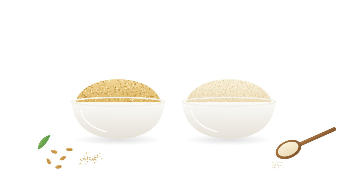 Illustration of two bowls of wheat semolina side by side: golden medium suji rava and pale extra-fine chiroti rava, with wheat grains and a wooden spoon